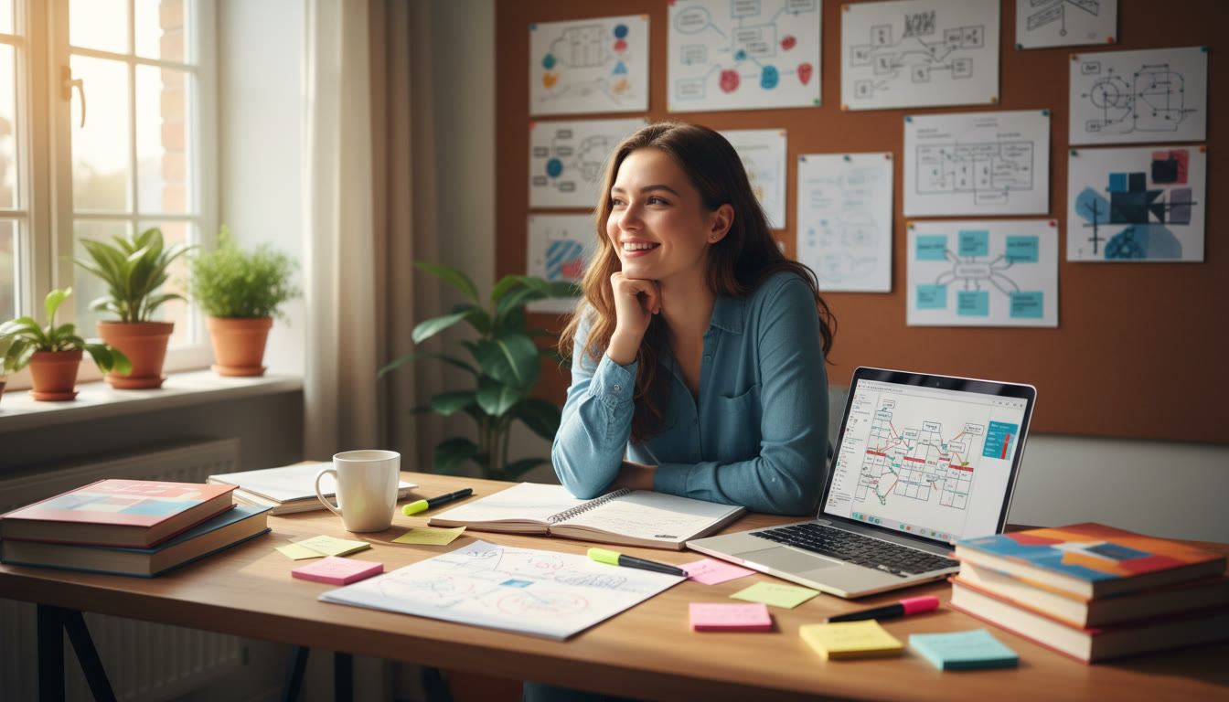 Photo Idea : A thoughtful IB DP1 student at a desk surrounded by notebooks, sticky notes, and a laptop planning subject choices.