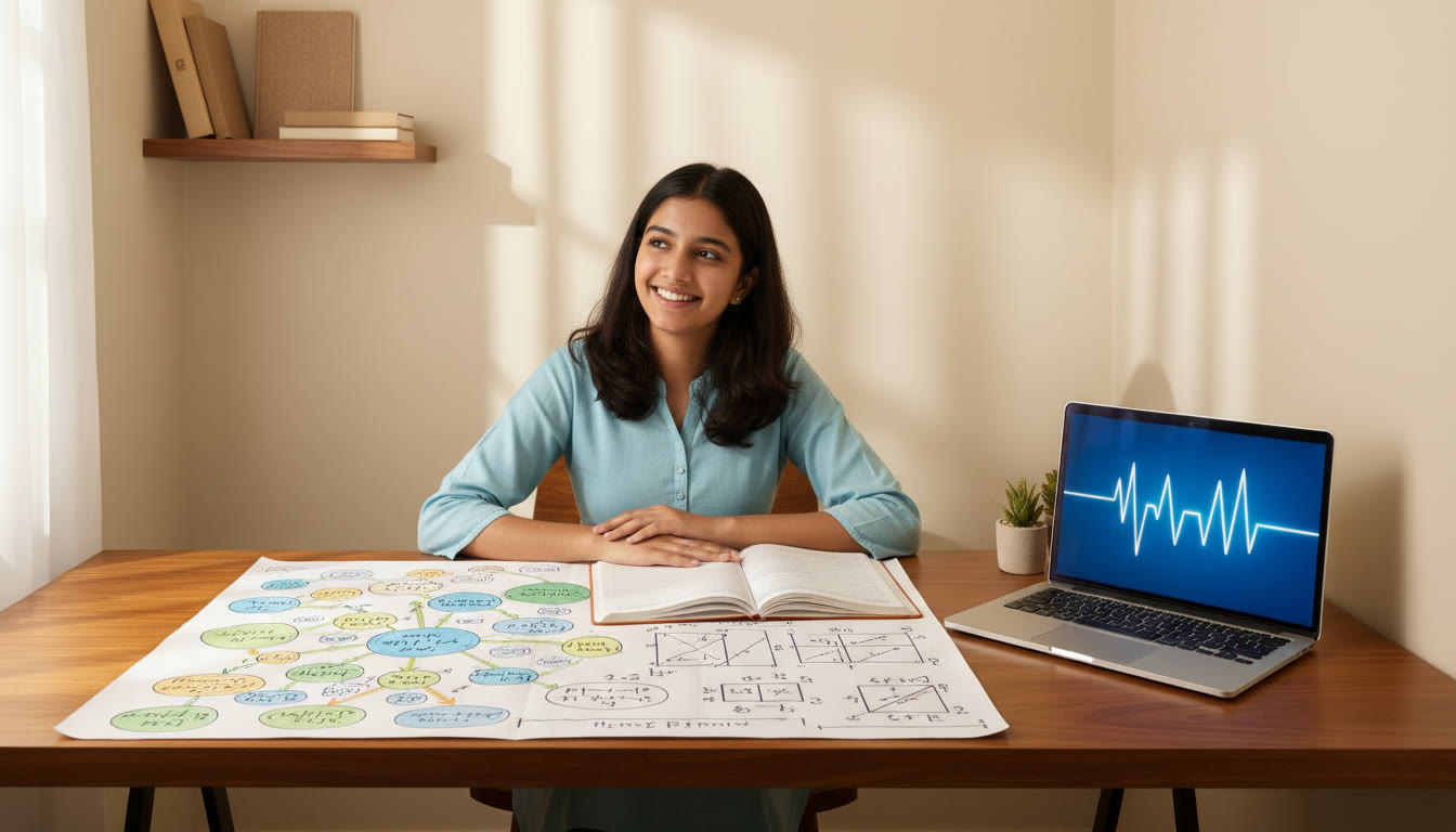 Photo Idea : Student at a desk with a color-coded concept map, open notebook and a physics diagram beside a laptop