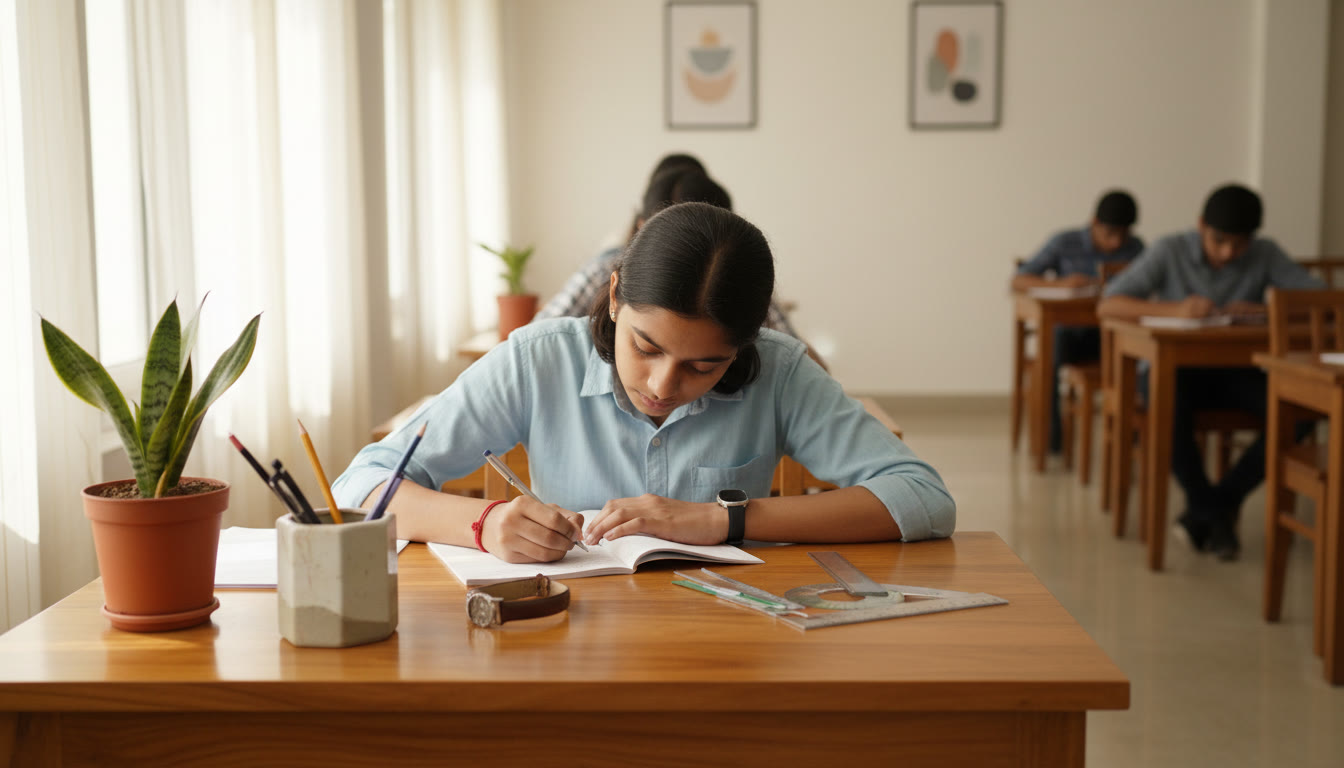 Photo Idea : A focused student writing in an examination hall with a watch and neat stationery on the desk