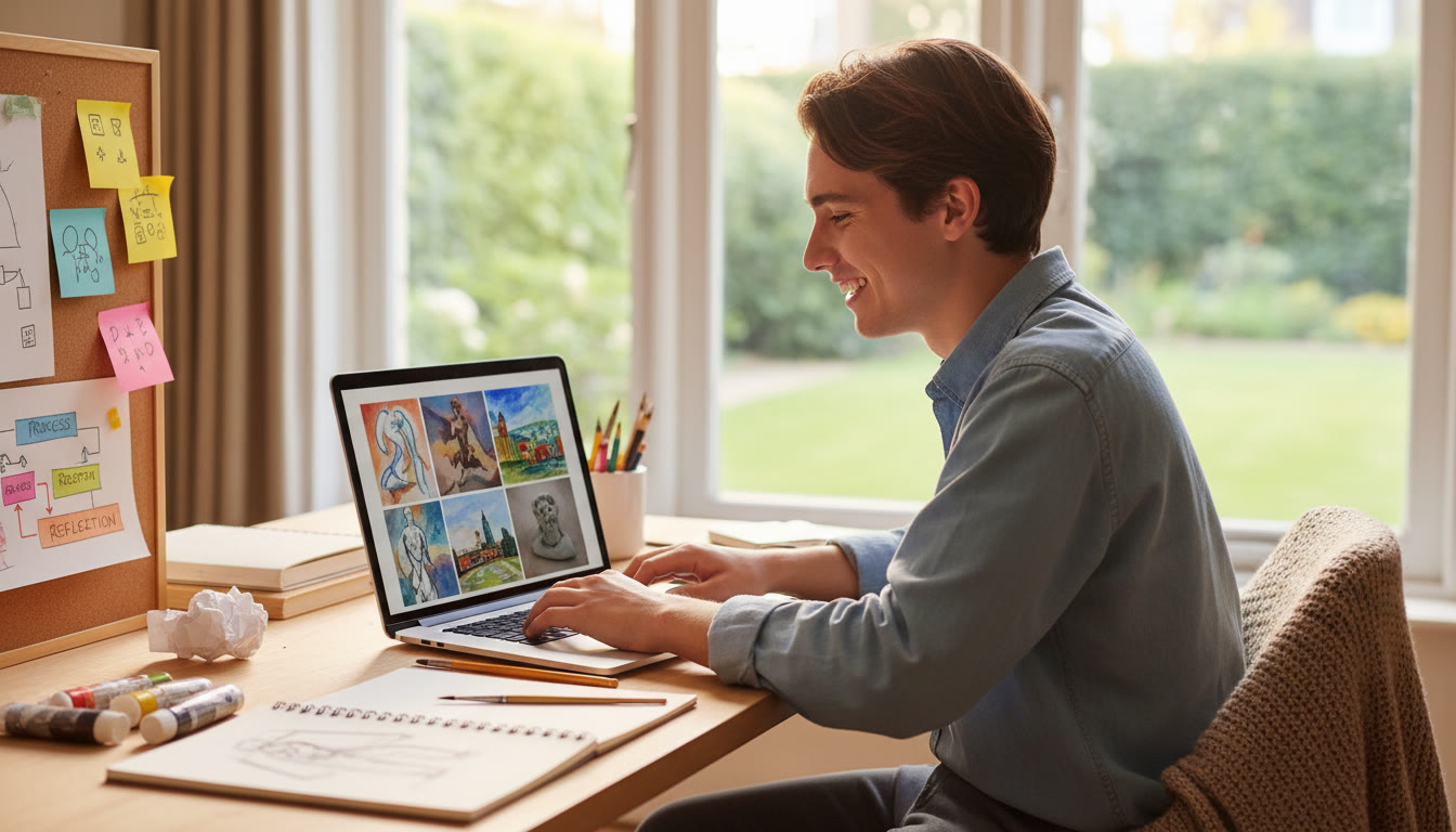 Photo Idea : A student compiling a digital portfolio on a laptop with artwork and notes visible