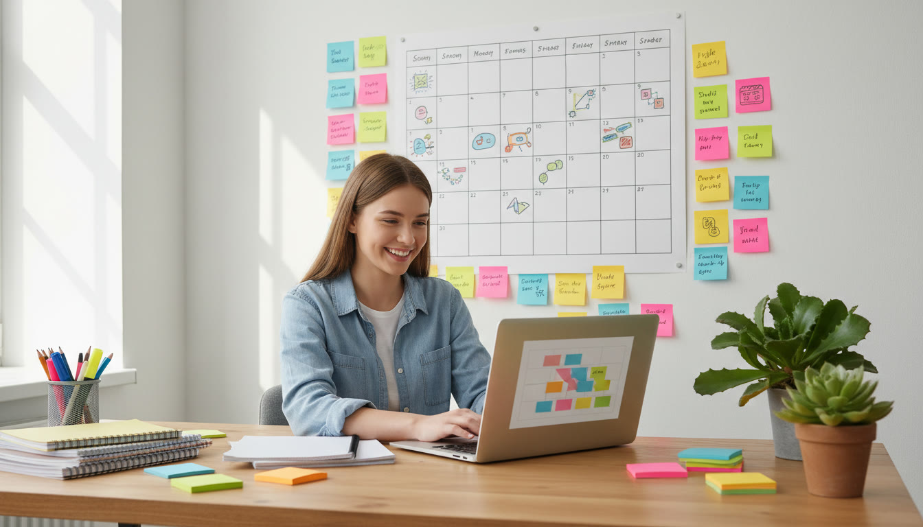 Photo Idea : student at a tidy desk with a large calendar, colored sticky notes, and a laptop showing a study schedule