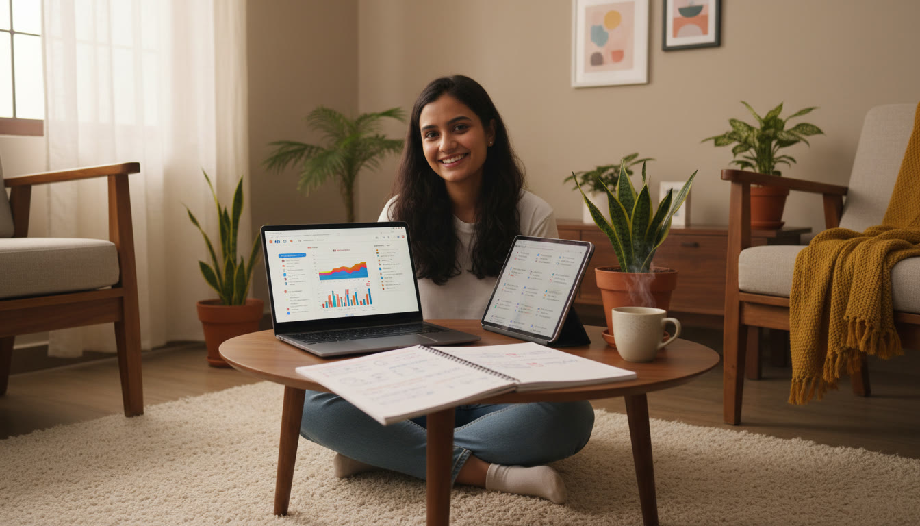 Photo Idea : A student reviewing an error log with a notebook and a laptop open to practice MCQs.