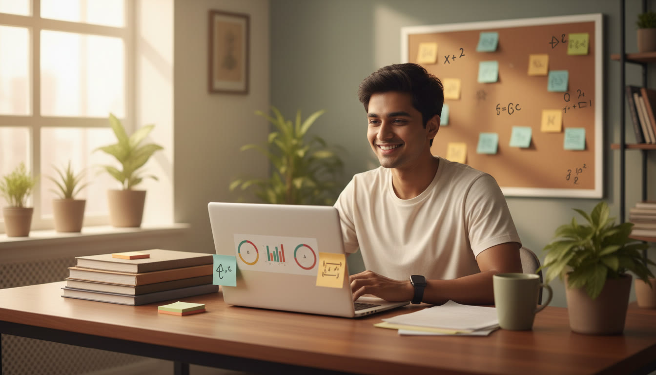 Photo Idea : Student surrounded by neat notebooks, a laptop showing a practice test timer, and sticky notes with formulas