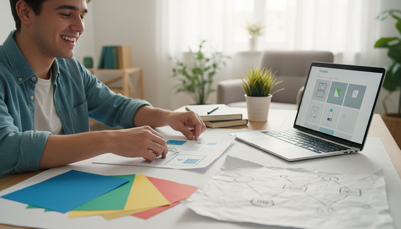 Photo Idea : Close-up of a student arranging a project page layout, with color swatches, a sitemap on paper, and a laptop screen showing a clean portfolio layout