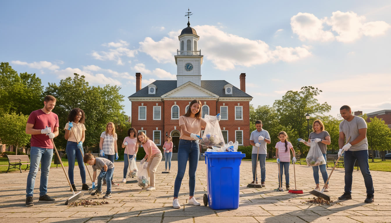 Photo Idea : Student leading a small community clean-up with neighbors in front of a town hall