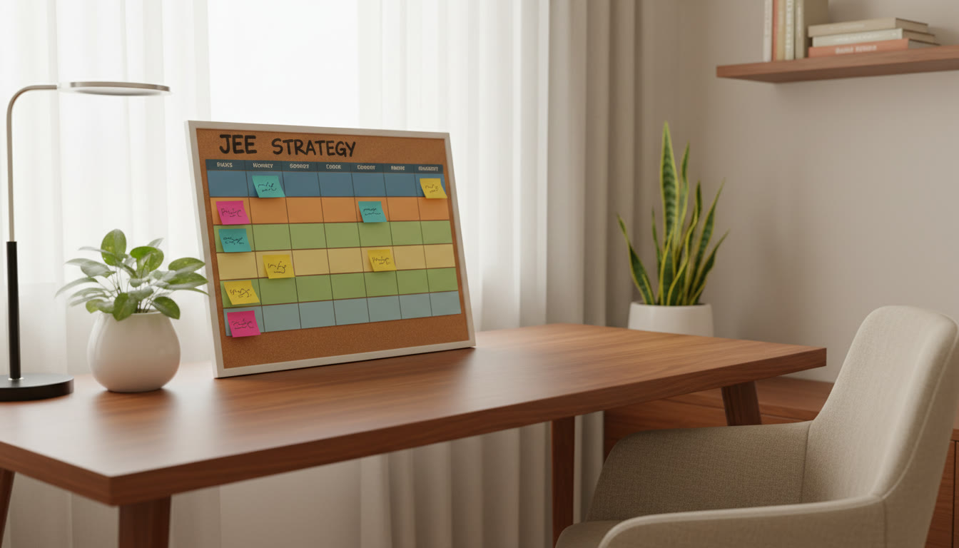 Photo Idea : A strategy board with color-coded time blocks and sticky notes labeled Physics, Chemistry, Mathematics
