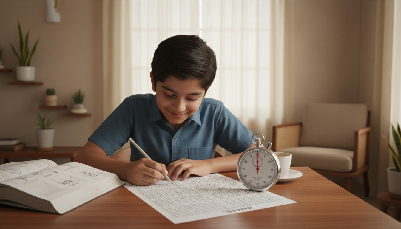 Photo Idea : Student practicing an OMR sheet with a stopwatch on the desk