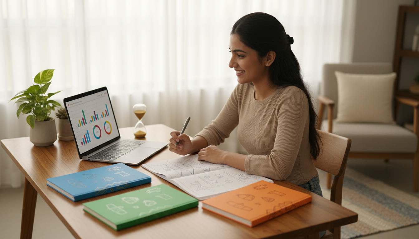 Photo Idea : A student at a tidy desk, color-coded notebooks labeled by chapters, a timer, and a laptop open to a study plan