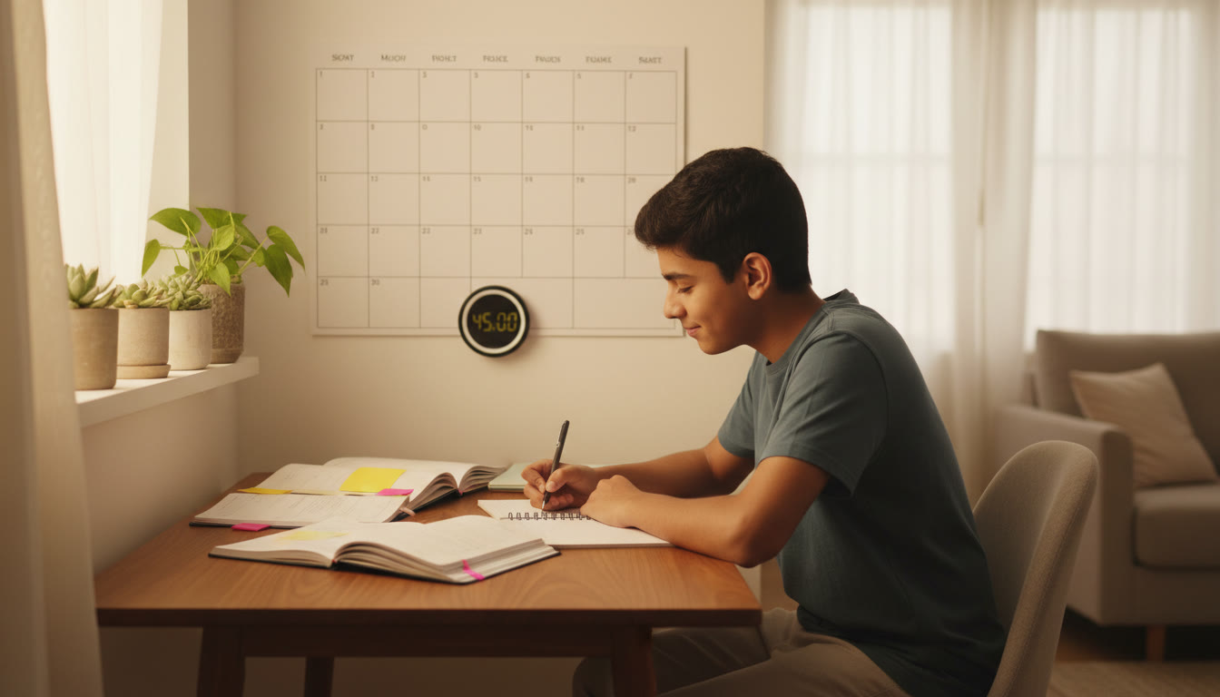 Photo Idea : Focused student at a desk with backlog notebooks, a wall calendar, and a digital timer set for a study session.