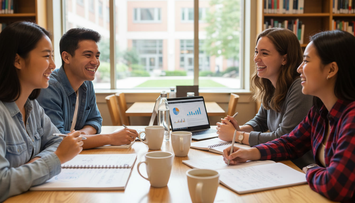 Photo Idea : a small group of students sitting around a table with notebooks, laptops, and coffee, smiling and discussing notes