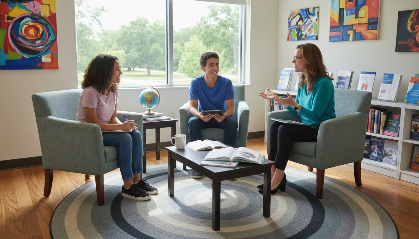 Photo Idea : Two students doing a mock interview with a mentor in a school counselling office