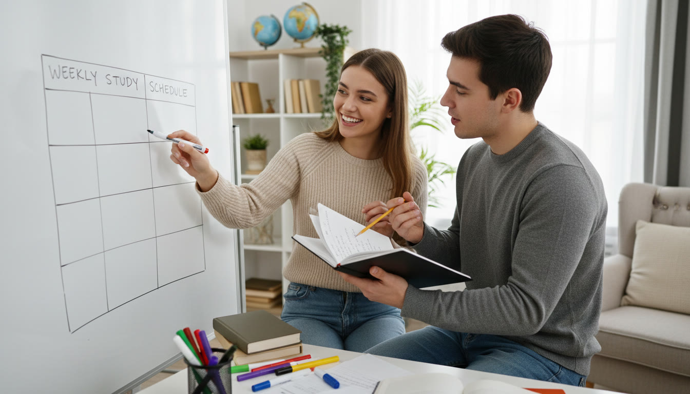 Photo Idea : Two students at a whiteboard drawing a weekly IB study timetable and discussing notes
