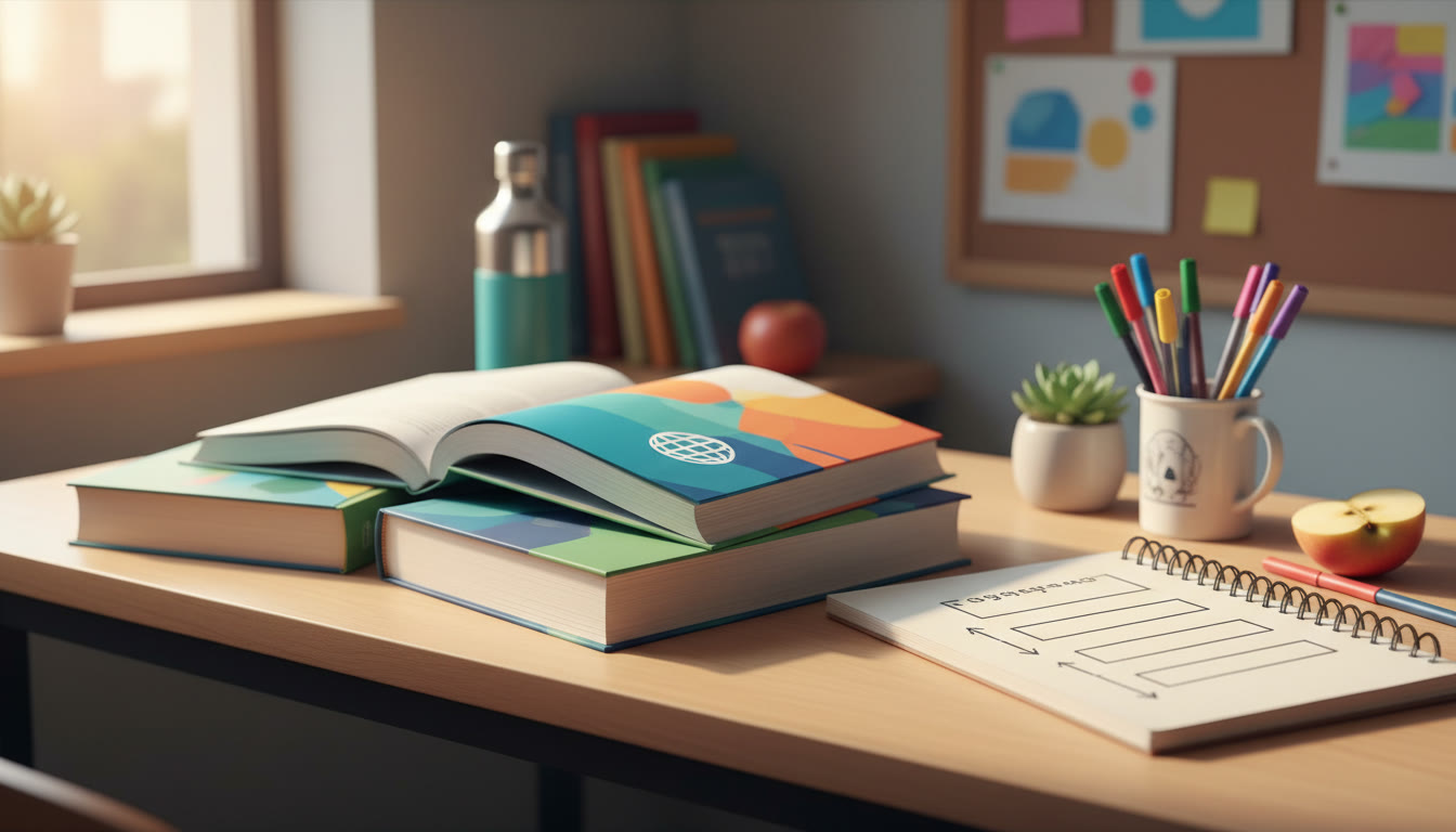 Photo Idea : Student workspace with open IB textbooks, coloured pens, and a neat notebook showing a labelled paragraph structure