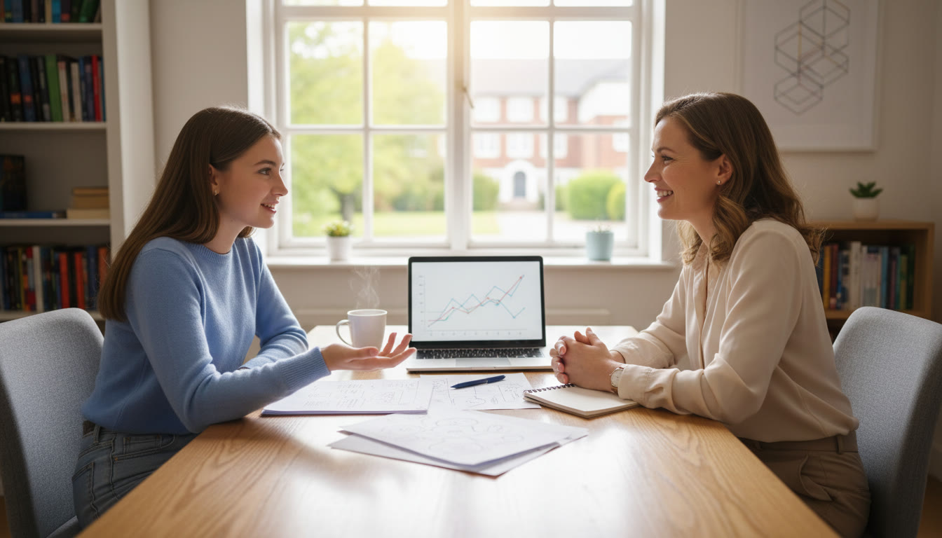 Photo Idea : Student practicing interview answers with a tutor, with notes and a laptop nearby