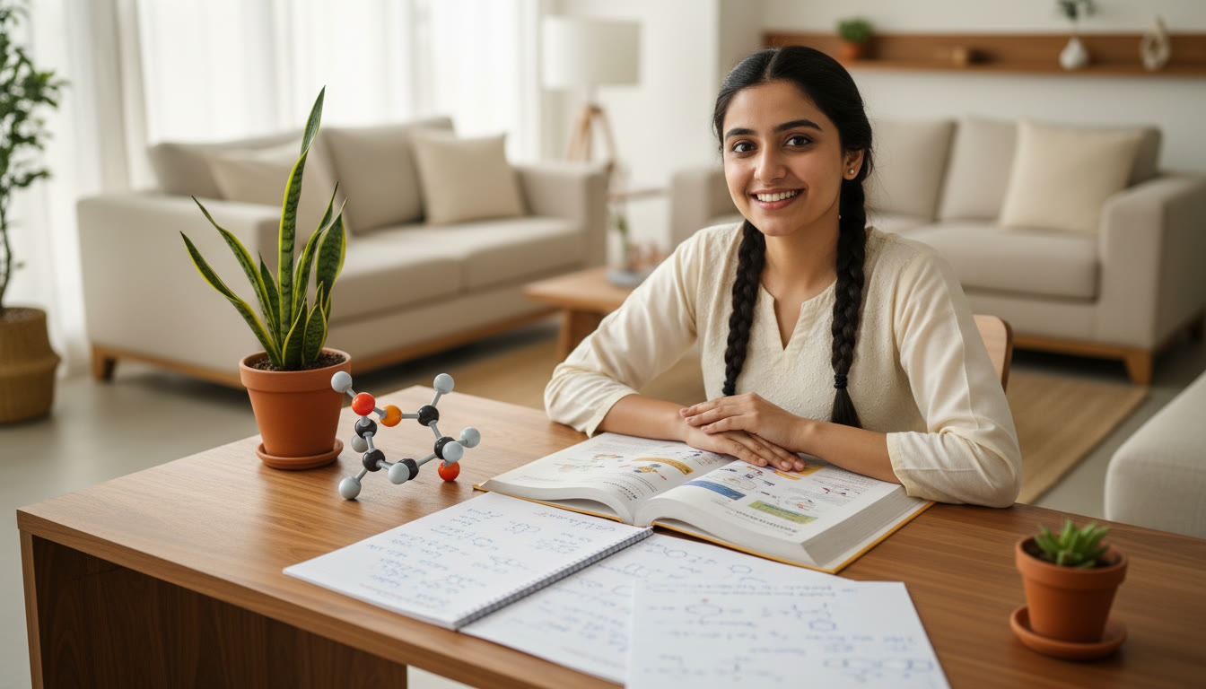 Photo Idea : A student at a desk with an open chemistry book, molecular model, and neatly handwritten notes