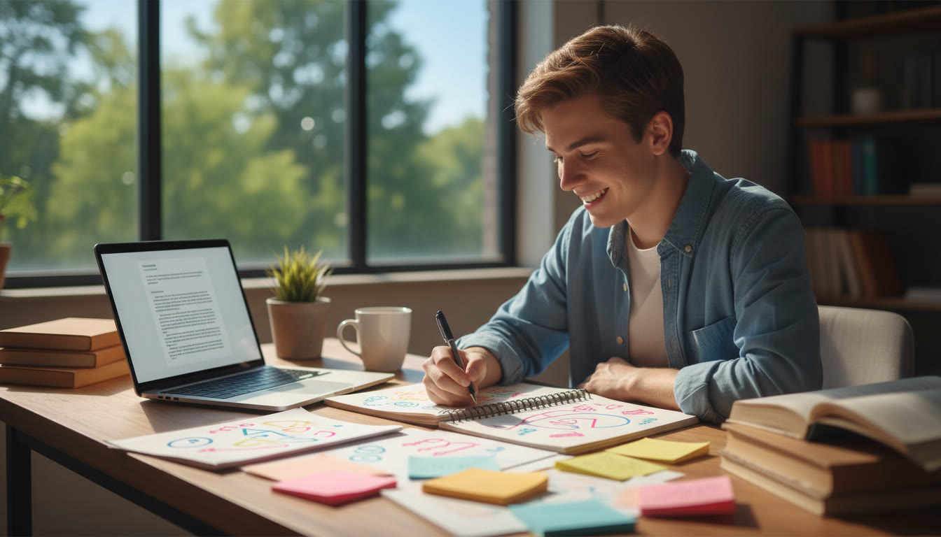 Photo Idea : student at a bright desk surrounded by IB notes and a laptop, scribbling career ideas