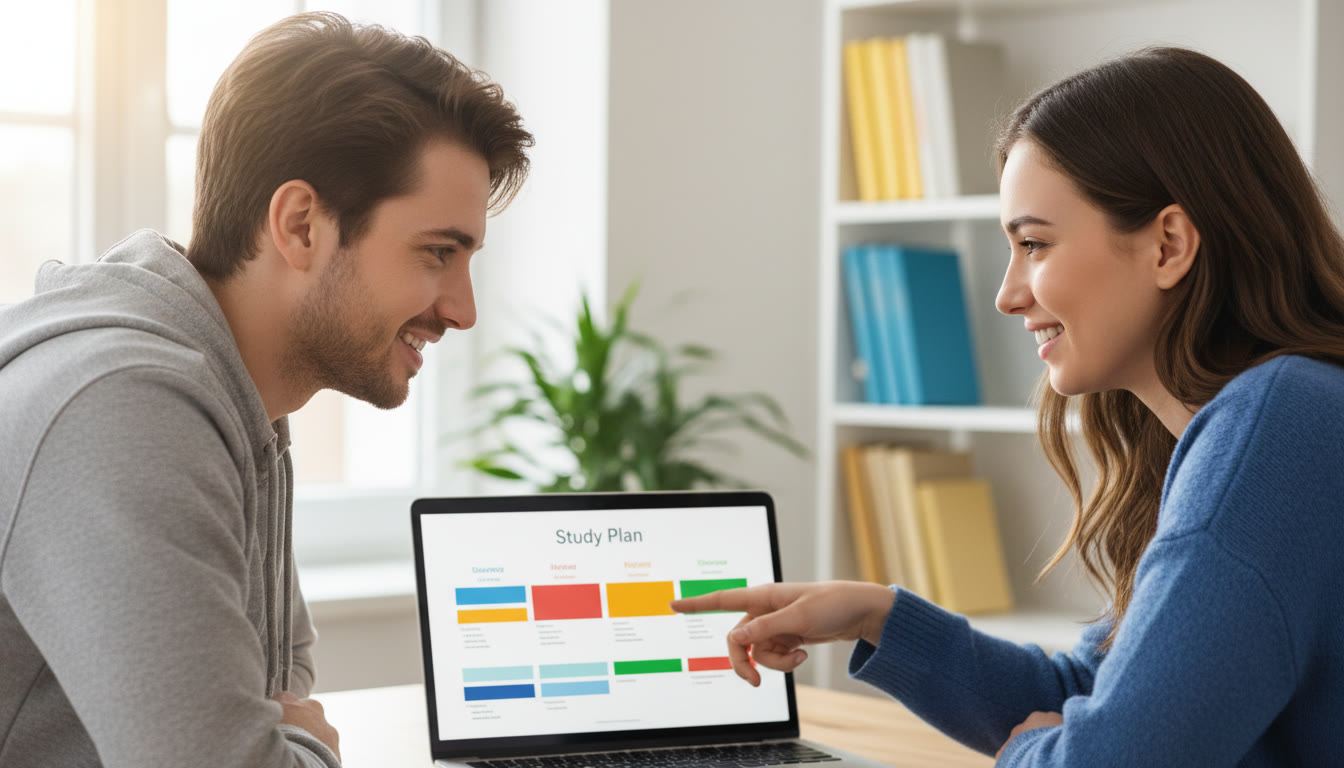 Photo Idea : A friendly one-on-one tutoring session, tutor pointing at a laptop screen with a study plan visible