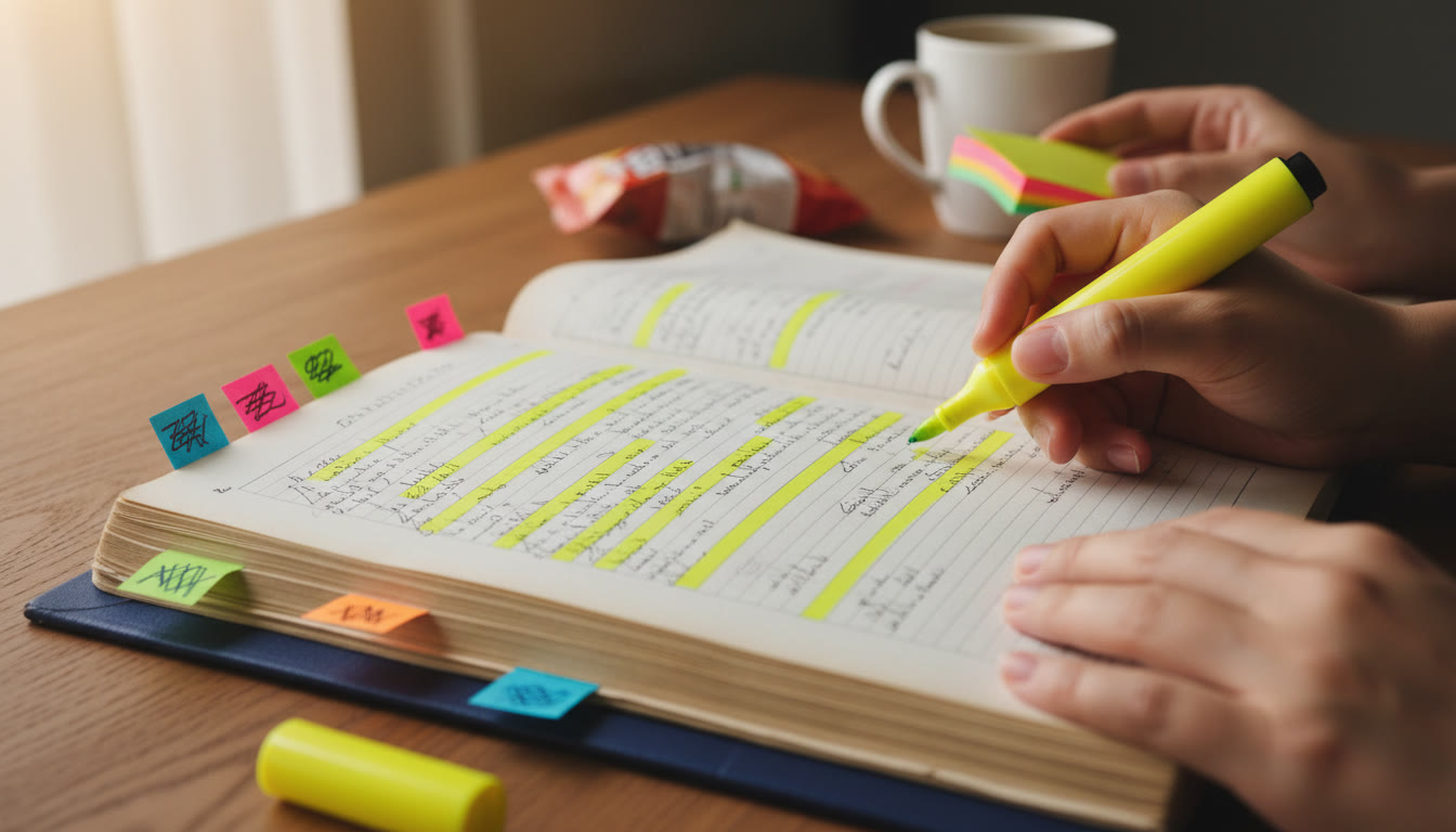 Photo Idea : Close-up of an Extended Essay being annotated with yellow highlighter and sticky notes