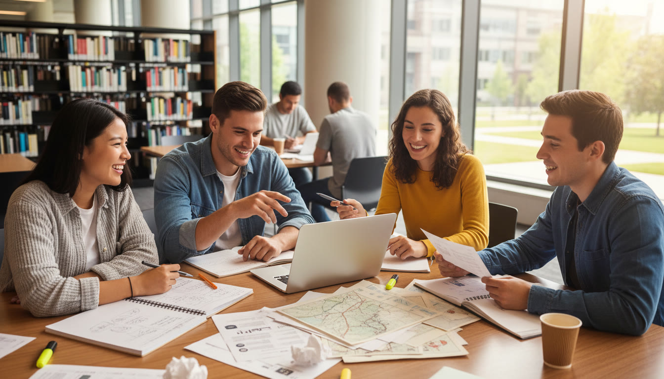 Photo Idea : A small group of IB students gathered around a table with notebooks, a laptop, and printed primary sources