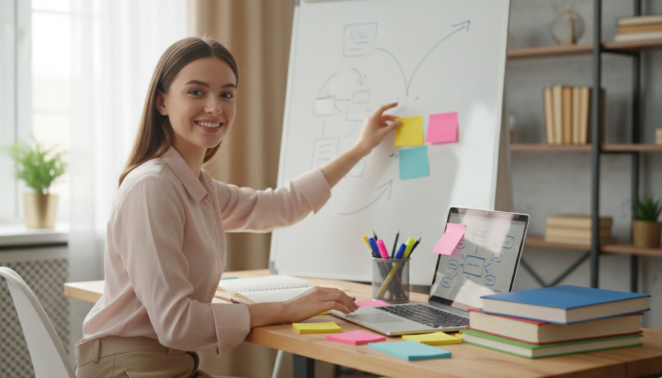 Photo Idea : student at a desk planning with sticky notes, IB textbooks, and a laptop