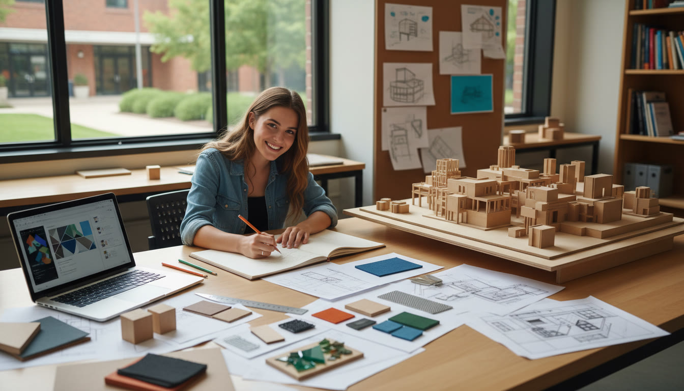Photo Idea : student sketching an architectural model surrounded by sketches, material samples and a laptop