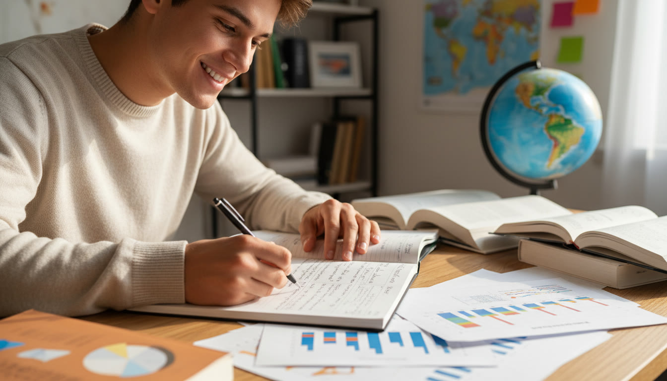 Photo Idea : Close-up of a student writing an Extended Essay with charts and textbooks nearby