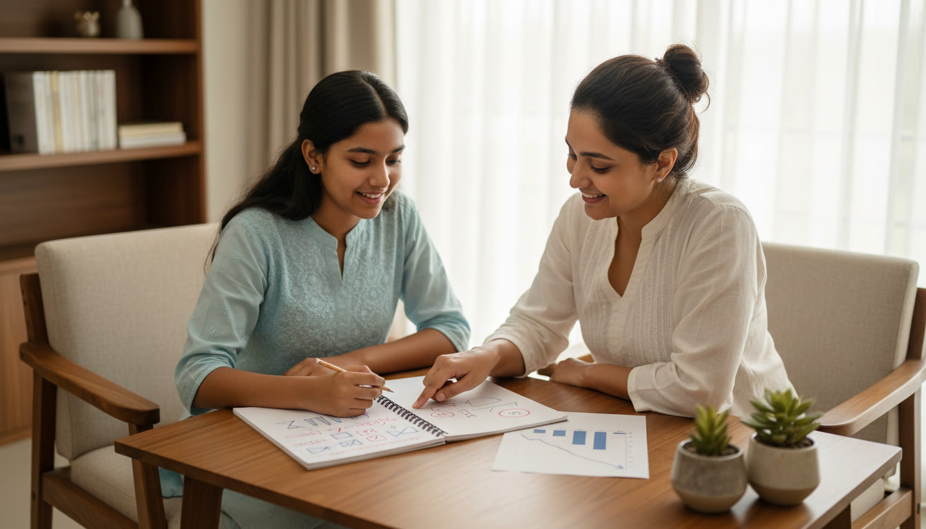 Photo Idea : a tutor working one-on-one with a student over a notebook, pointing to marked corrections and a progress chart