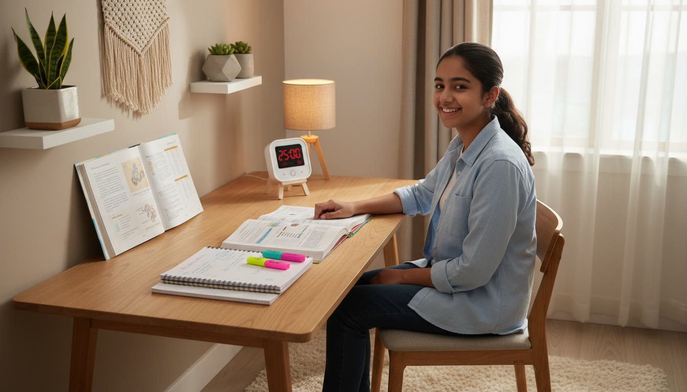Photo Idea : Student at a tidy desk with open textbooks, colour-coded notes, and a timer running