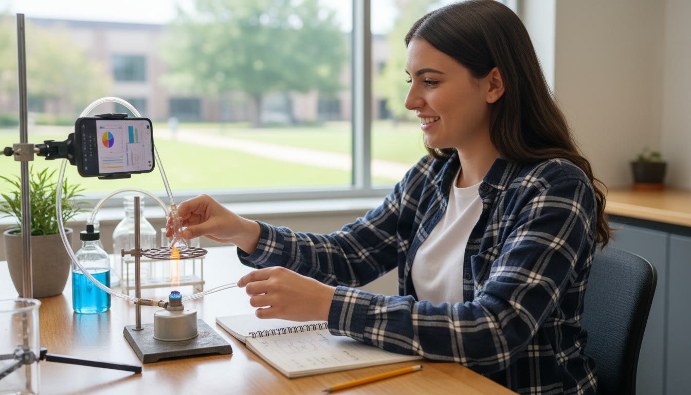 Photo Idea : A student setting up a small lab experiment with a smartphone for data collection and a lab notebook open