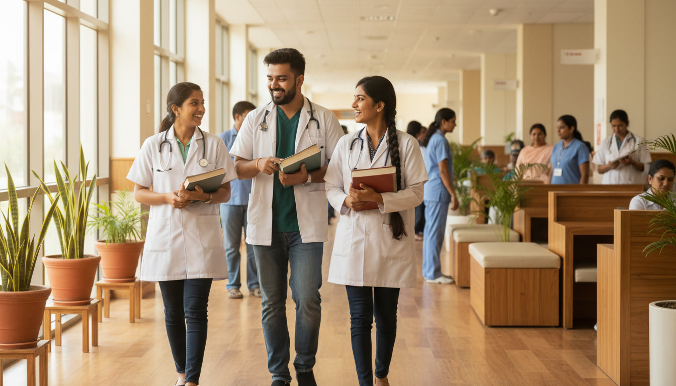 Photo Idea : students in white coats walking through a busy hospital corridor with stethoscopes and textbooks