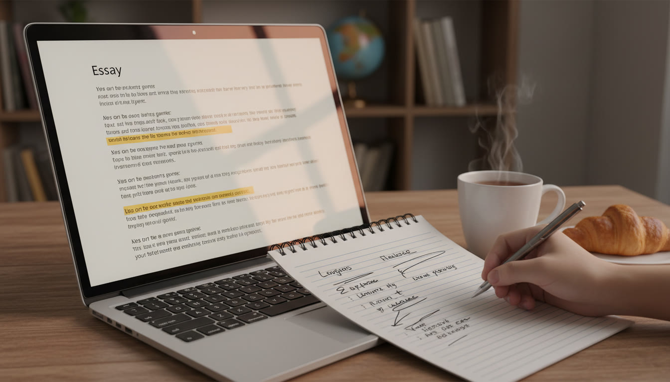 Photo Idea : Close-up of a laptop screen showing a highlighted essay draft and hand-written margin notes