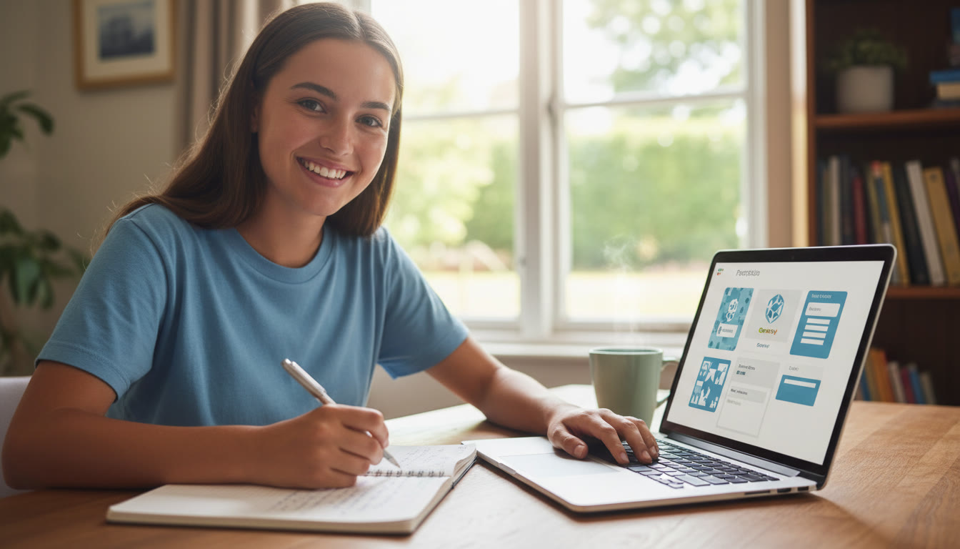 Photo Idea : A student at a desk writing reflections with a laptop open showing a CAS portfolio template