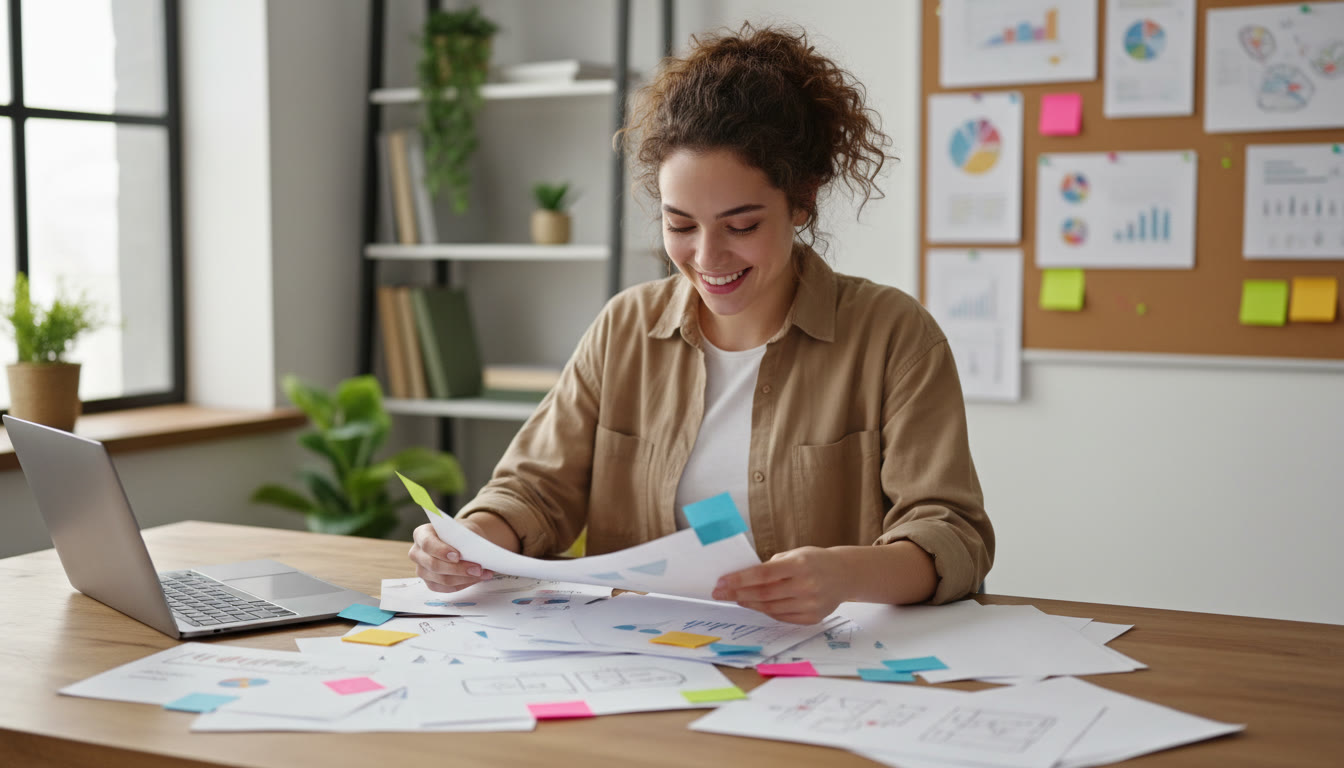 Photo Idea : Student at desk arranging printed drafts with color-coded sticky notes
