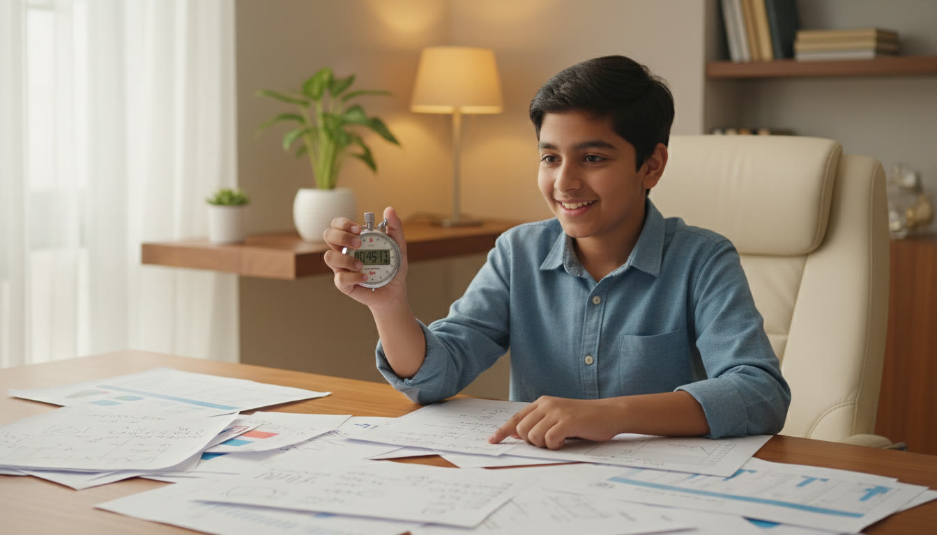 Photo Idea : A student timing a mock test with a stopwatch, surrounded by solved papers and score sheets