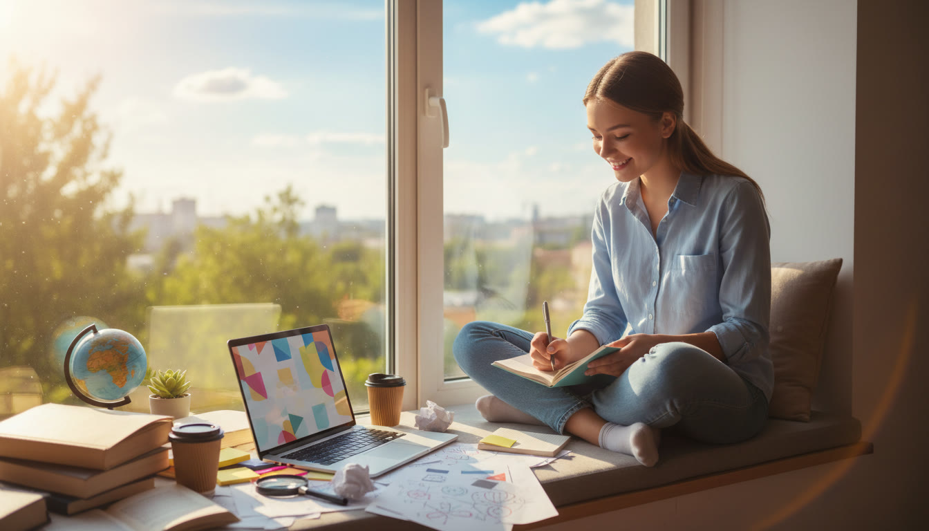 Photo Idea : Student writing in a notebook beside a laptop and scattered research materials