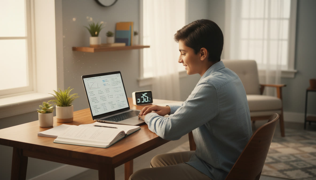Photo Idea : A focused student at a tidy desk reviewing a full-length mock test on a laptop with notebooks and a timer visible