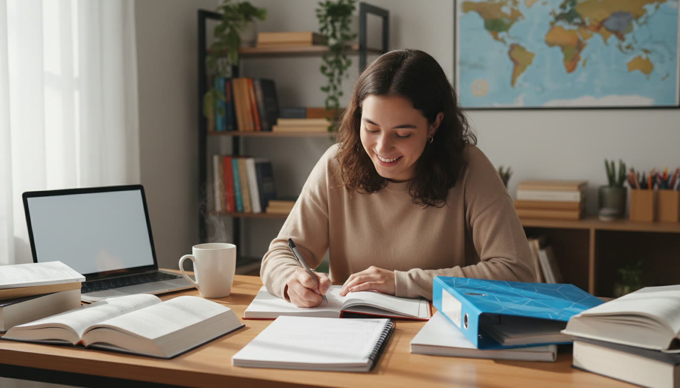 Photo Idea : A focused IB student writing a personal statement at a desk surrounded by notebooks and an Extended Essay binder