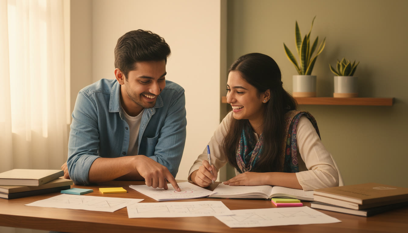Photo Idea : Two students reviewing a mock test together with one pointing at a marked question and notes spread across a table