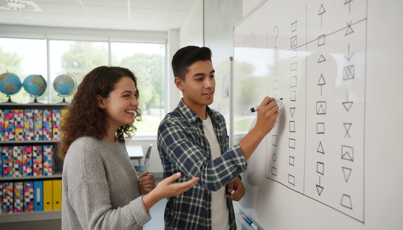 Photo Idea : Two students discussing a TOK knowledge question on a whiteboard while one writes concise bullet-point arguments