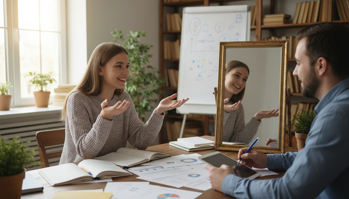 Photo Idea : Student rehearsing an interview with a tutor, notes and a mirror nearby