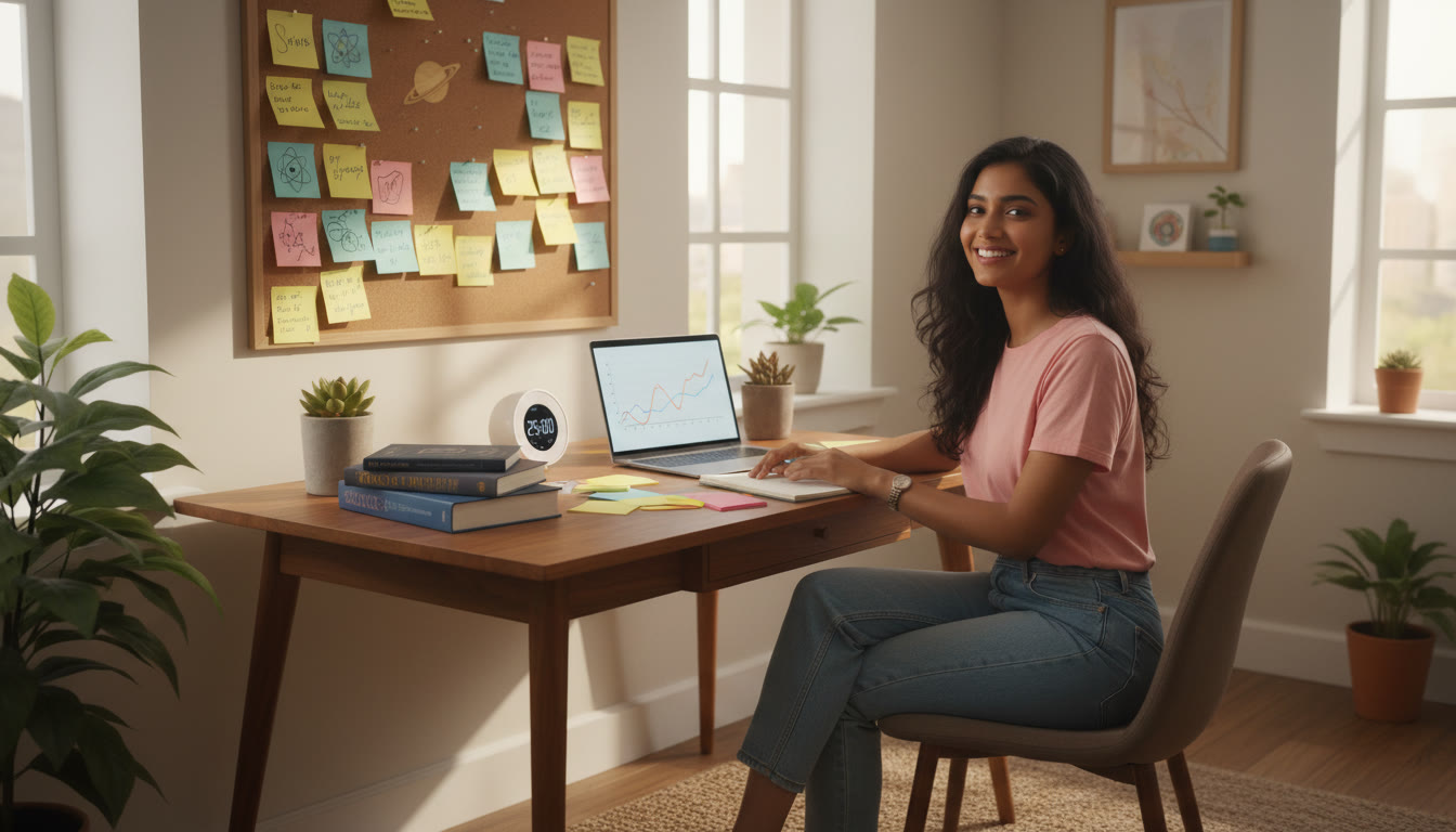 Photo Idea : Student at a tidy desk with science textbooks, colorful notes, and a small timer