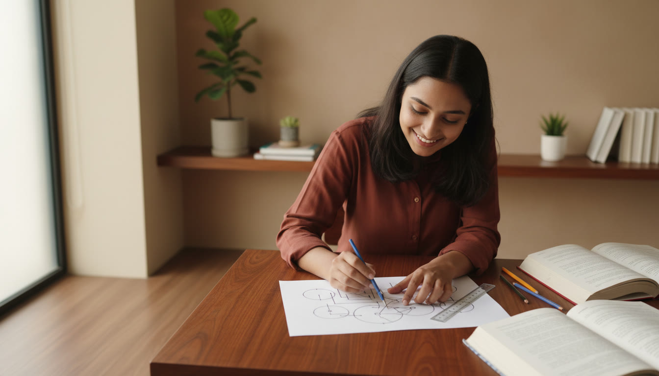 Photo Idea : Student drawing a labelled diagram on answer sheet with ruler and compass