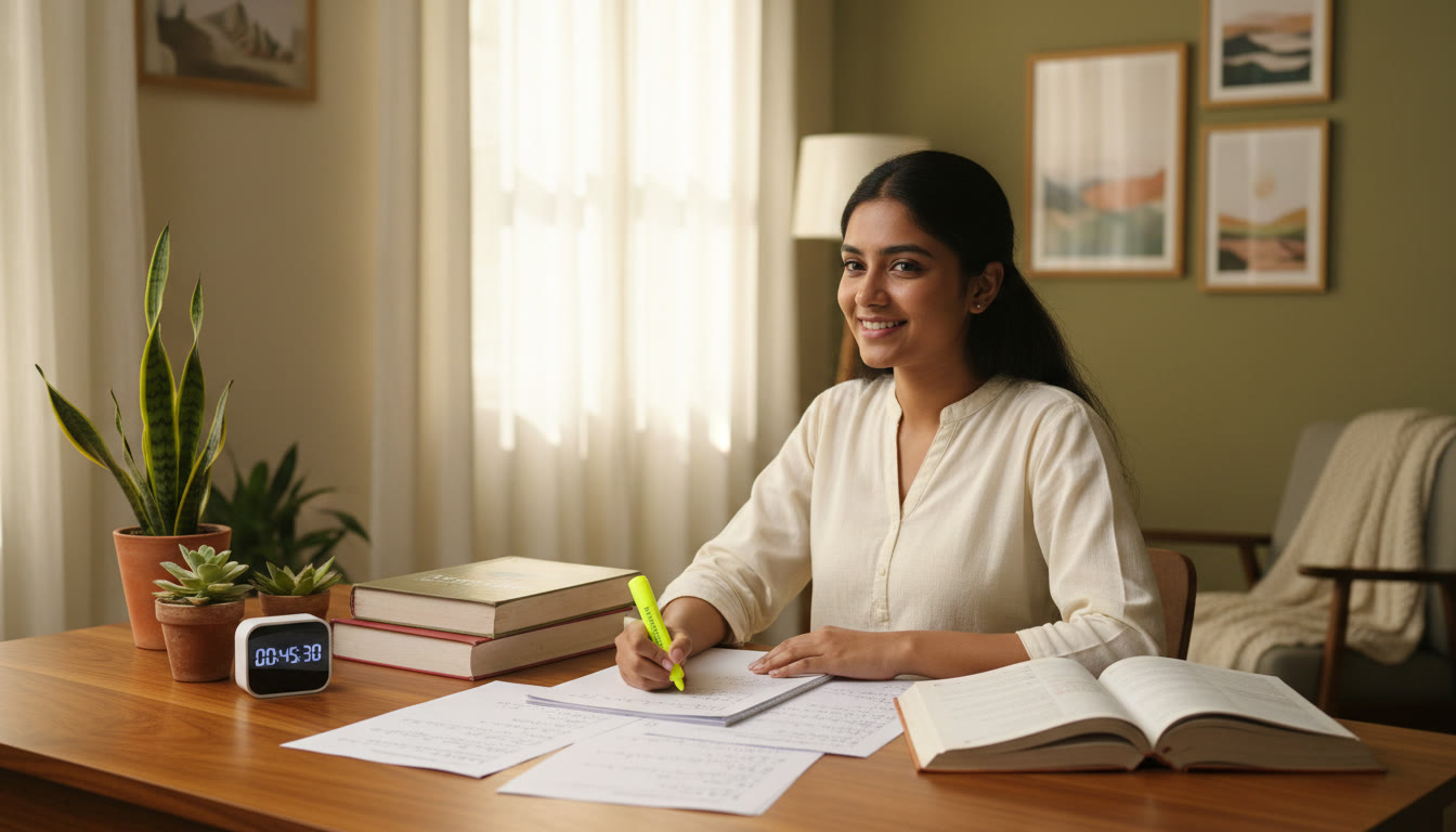 Photo Idea : Student at a desk comparing board textbooks and NEET practice sheets with a timer running