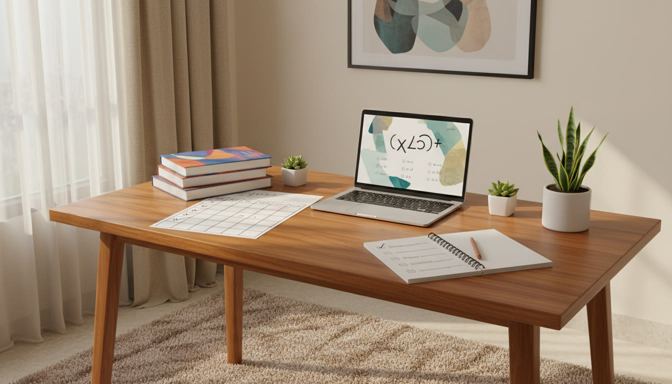 Photo Idea : A tidy student desk with textbooks, a printed 30-day calendar, a notebook with a checklist, and a laptop showing practice questions.