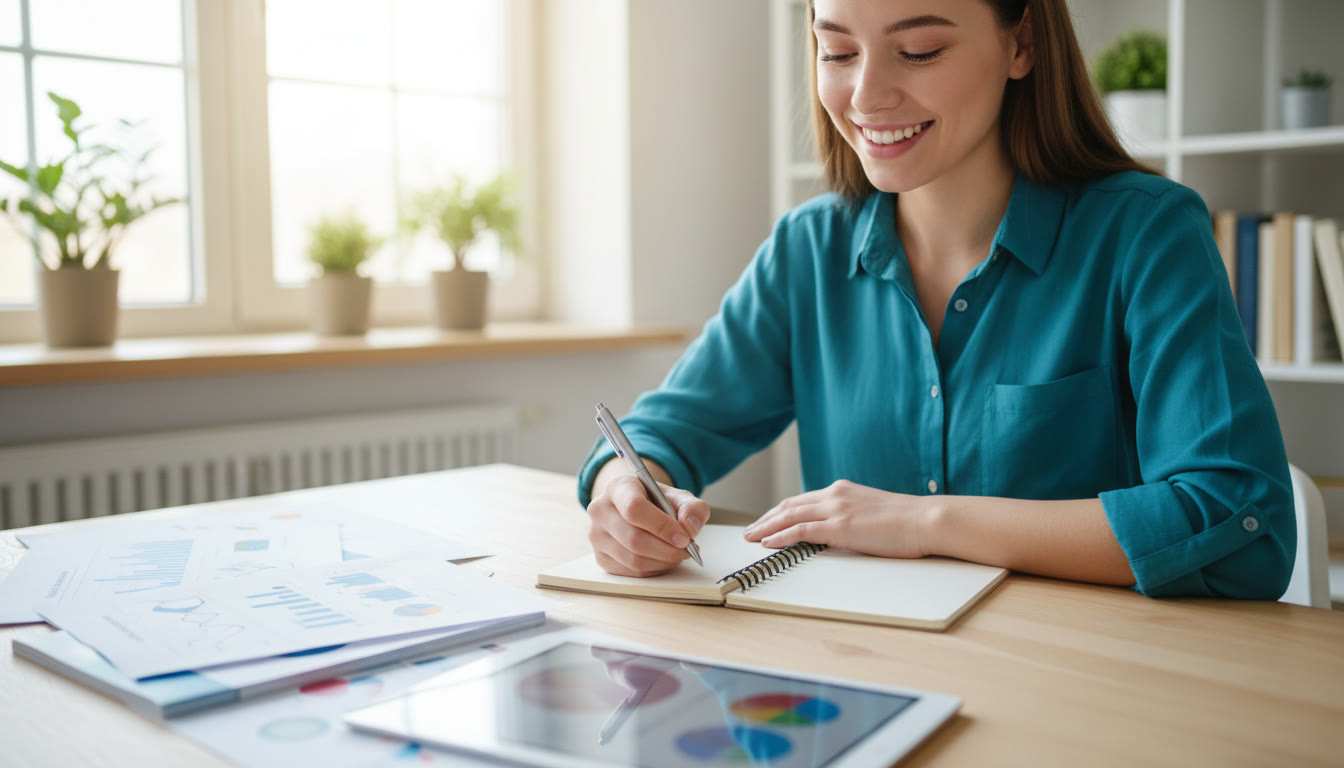 Photo Idea : A student writing reflective notes next to anonymized charts and printed workshop materials