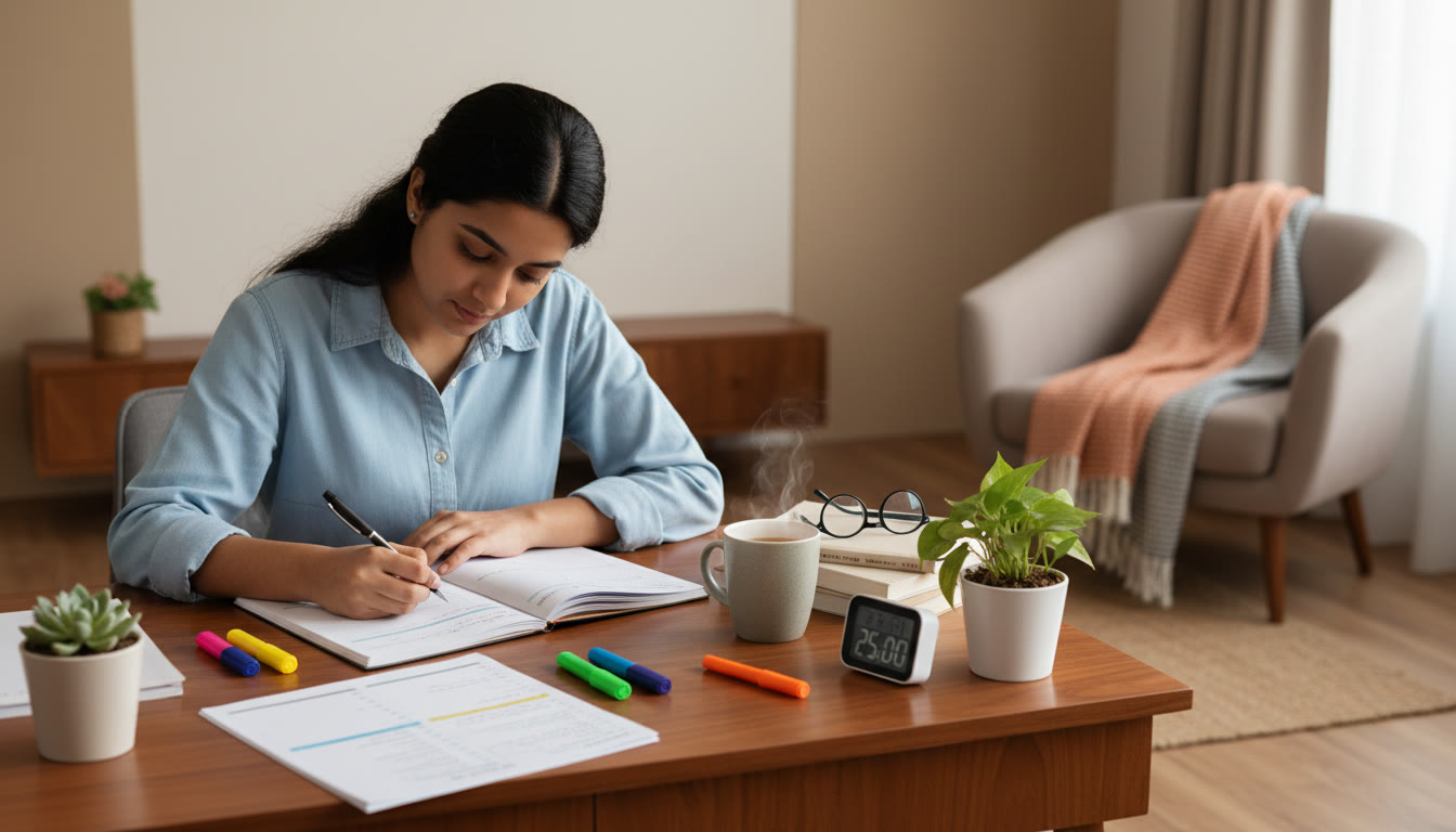 Photo Idea : A focused student at a tidy desk with color-coded notes, a timer, and a mug of tea