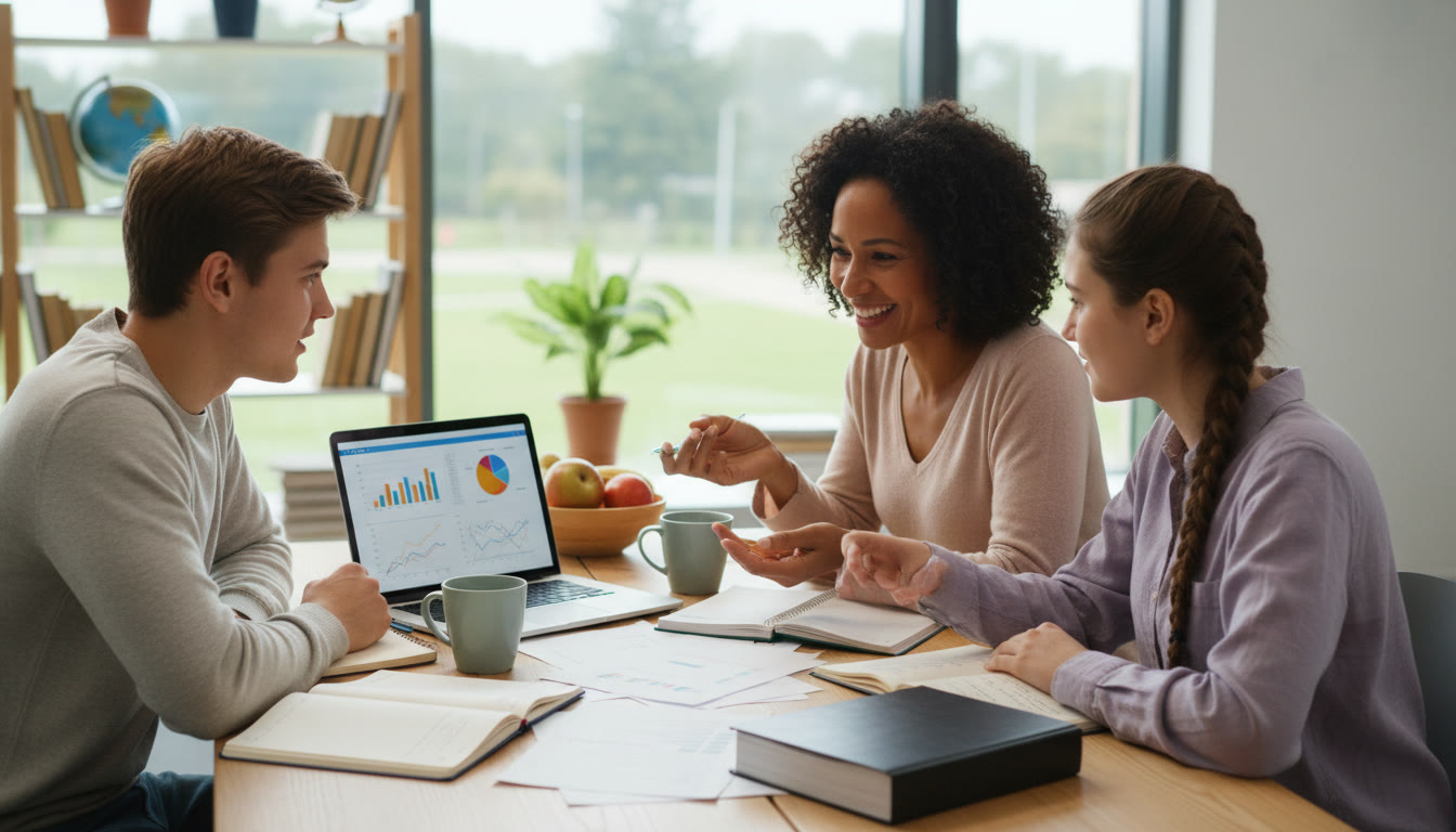 Photo Idea : Small group meeting with a teacher and two students discussing notes around a laptop and printed bibliography