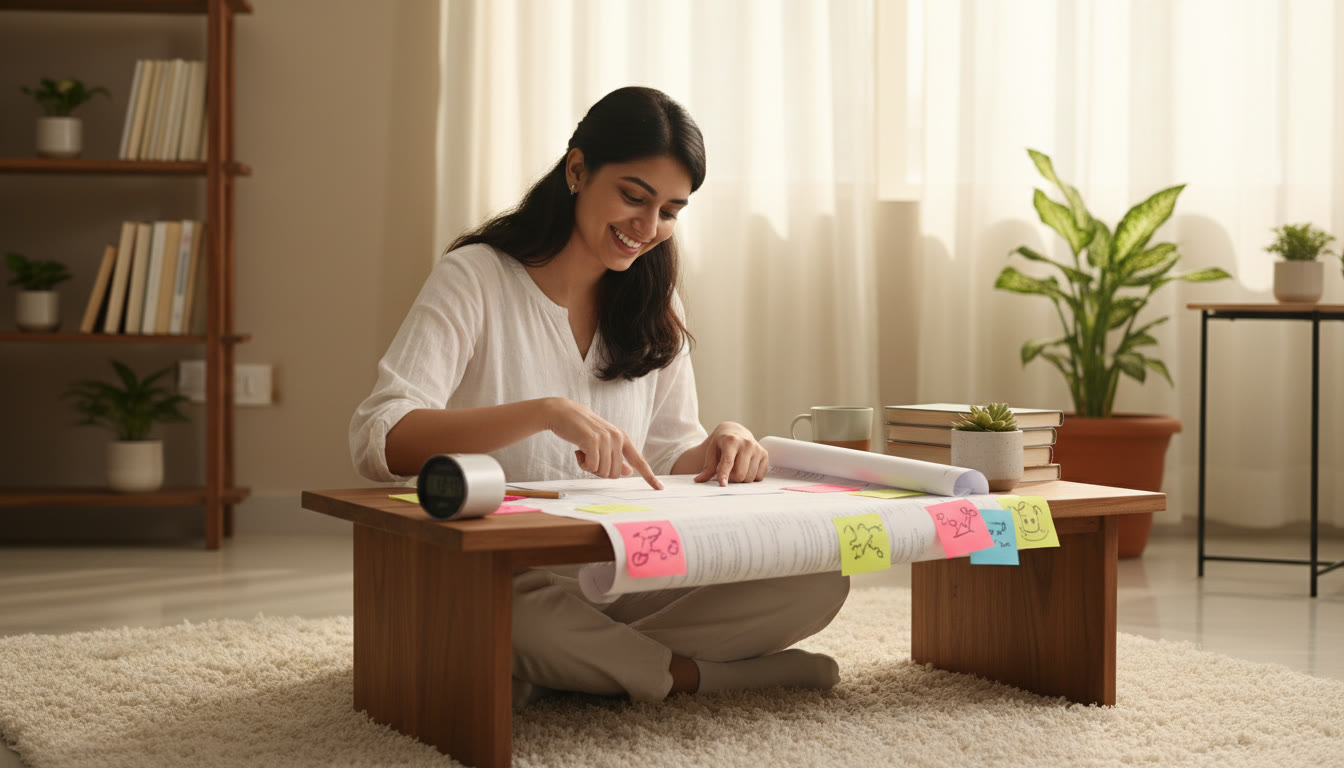 Photo Idea : Student analyzing a full-length test paper with a timer and colored mistake notes