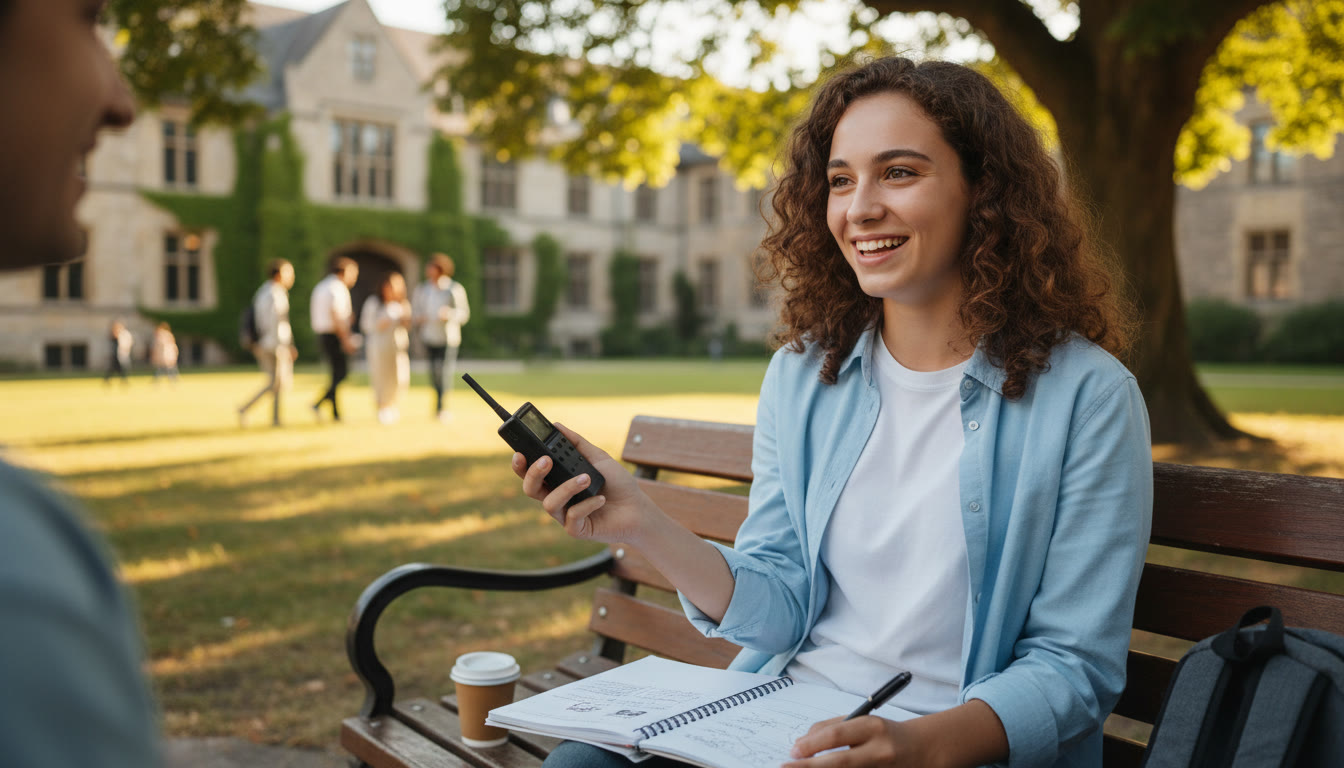 Photo Idea : A student recording an interview on a small handheld recorder while taking notes in a notebook