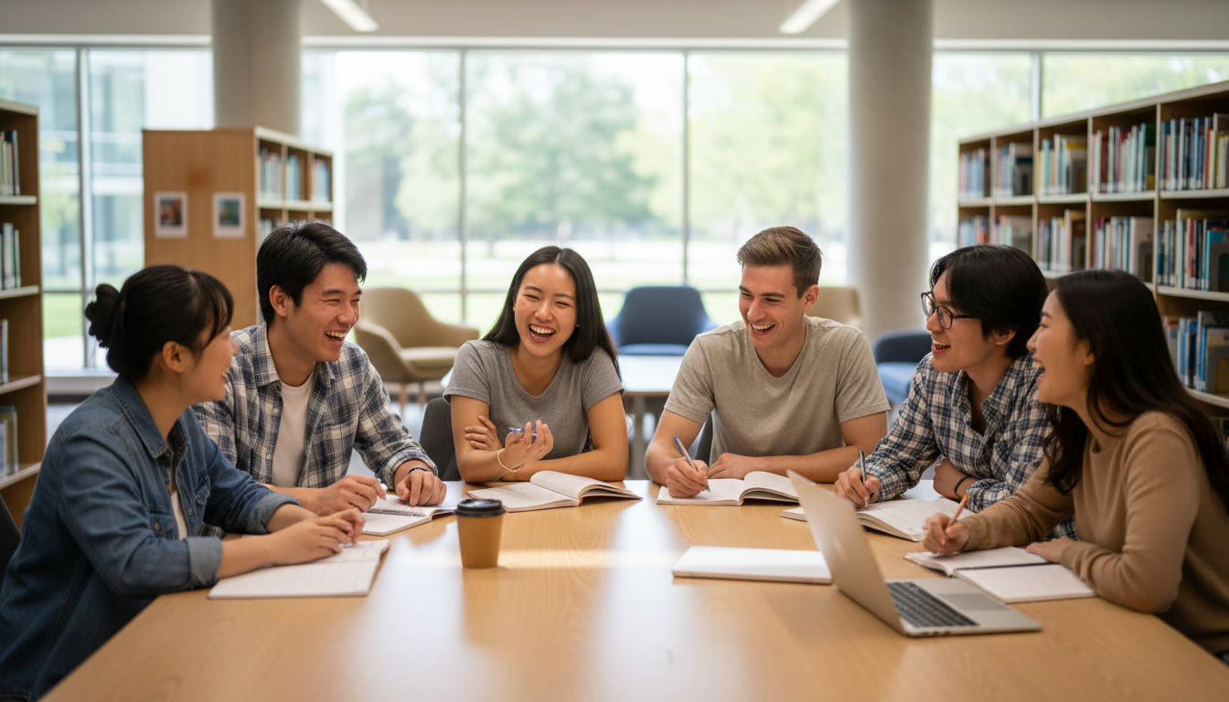 Photo Idea : A diverse group of students around a table, notebooks open, laughing and debating career options